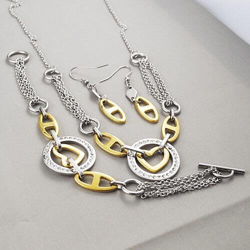 GOKADIMA Wholesale Women Necklace/Earrings/Bracelet Sets Link Chain Rhinestone Stainless Steel Engagement Jewellery Set WTS463