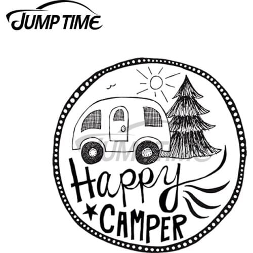 JumpTime 13 x 13cm For Happy Camper Circle Car Sticker RV Refrigerator Decal Personality Surfboard Motorcycle Vinyl Car Wrap