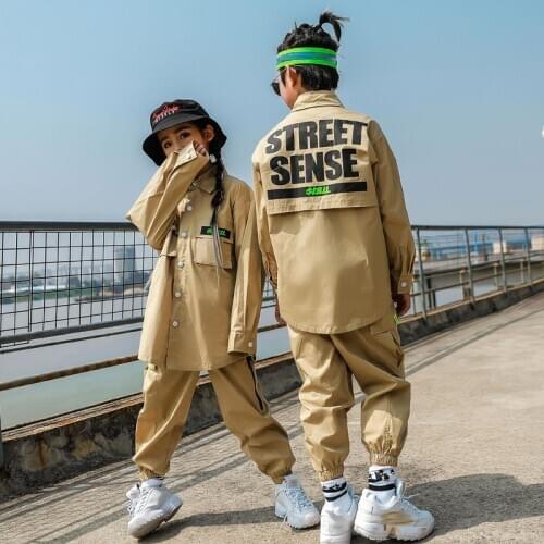 Children Hip Hop Costume Boys Khaki Suit Loose Long SLeeves Street Dancing Shirt Pants Girls Jazz Performance Clothes VDB2715