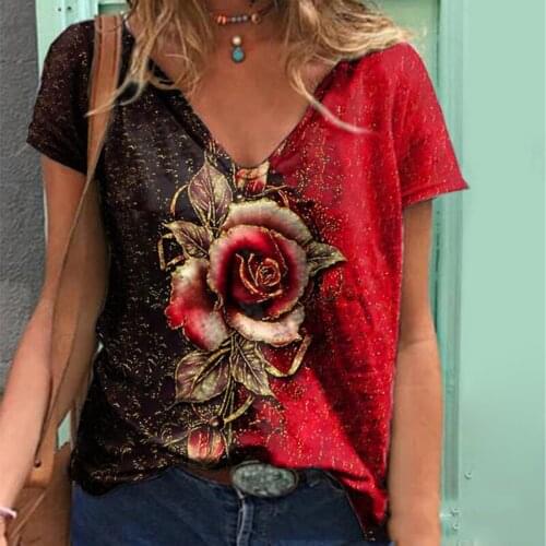 Summer Women V Neck Floral Rose Printed Short Sleeve Shirt Top Casual Loose Pullover Plus Size Tshirt Ladies Clothing Streewear