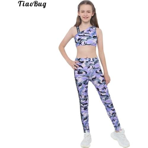 TiaoBug Summer Kids Girls Camouflage Polyester 2Pcs Yoga Sports Suit Sleeveless Tank Crop Tops And Pants Tracksuit