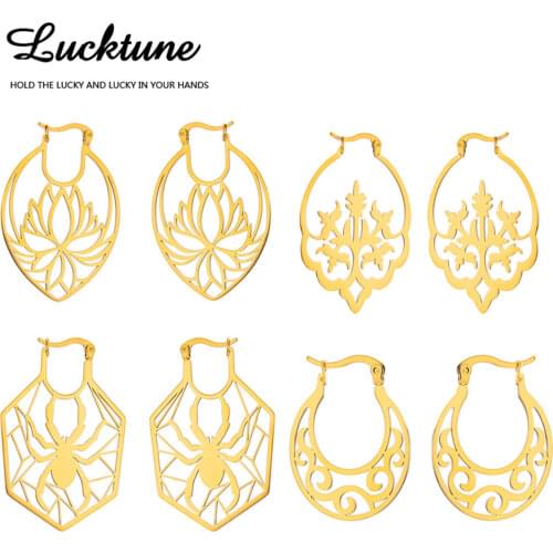 Lucktune Vintage Lotus Flower Earrings for Women Stainless Steel Wicca Ethnic Filigree Pandent Drop Earrings Fine Jewelry Gift