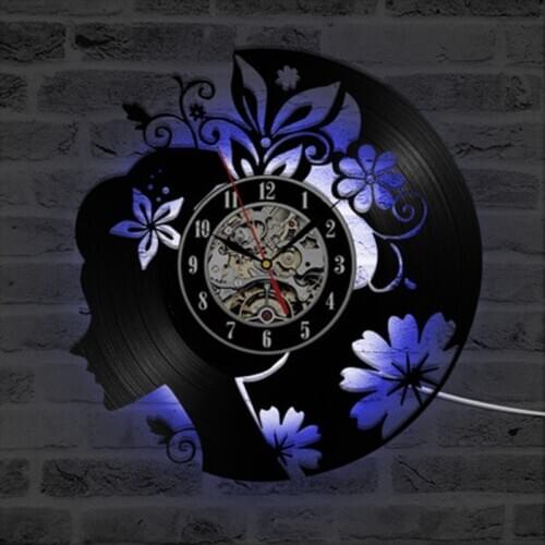 Flower Girl Vinyl Record Wall Clock LED Lighting Wall Art Decor Vintage Retro 3D Clocks Wall Watch Home Decor Birthday Gifts