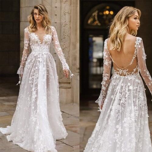 Cheap New Design V Neck Long Sleeves White Lace Illusion Backless A Line Wedding Dresses Bridal Gowns