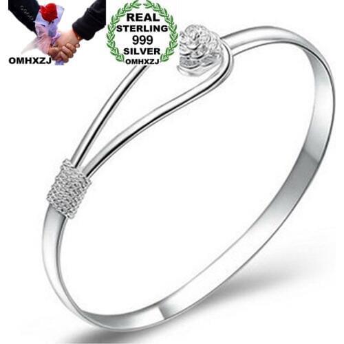 OMHXZJ Wholesale European Fashion Woman Girl Party Wedding Gift Sakura Resizable S999 Sterling Silver Cuff Bangle BA12