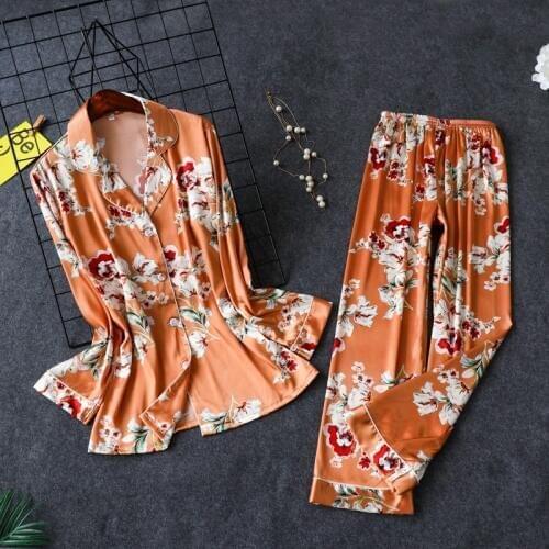 Daeyard Women Pajamas Luxury Floral Print Shirts And Pants 2Pcs Pajama Set Silk Pijama Sleepwear Spring Nightwear Home Clothes