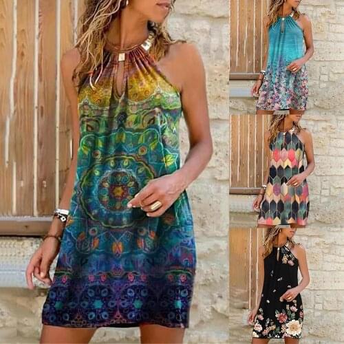 9 Style Sleeveless Dress For Women Tie Dye Printed Halter Mini Sundress Lady Beach Loose Sundress Casual Beach Female Dress D30