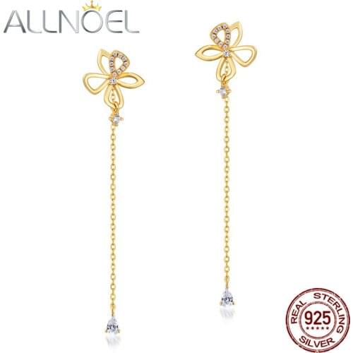 ALLNOEL 100% 925 Sterling Silver Earrings For Women 5A Zircon Flower Gold Vermeil Long Chain Earrings Wedding Brand Fine Jewelry