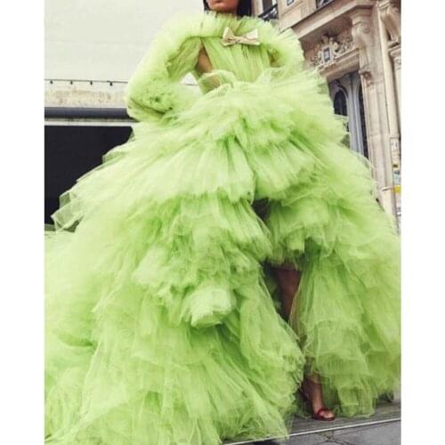 Chic Lemon Green Lush Tutu Evening Dresses Full Sleeves 2021 High Low Long Prom Gowns Ruffles Tiered Tulle Party Dress