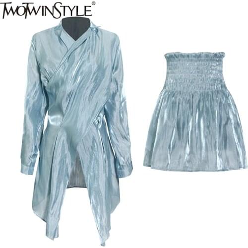 TWOTWINSTYLE Crisscross Top Two Piece Suit Women Clothing Shirred High Waist Mini Skirts Sets Female 2021 Spring Style New