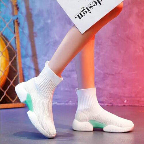 QWEDF 2019 Woman Casual Shoes Flat Platform Heels Black white sock shoes High top Gym Shoes Trainers Breathable Sneakers XC-43