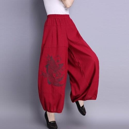 Women Vintage Cotton And Linen Embroidery Pants Chinese Style Harajuku Casual Long Trousers Loose Bloomers Wide Leg Pantalones