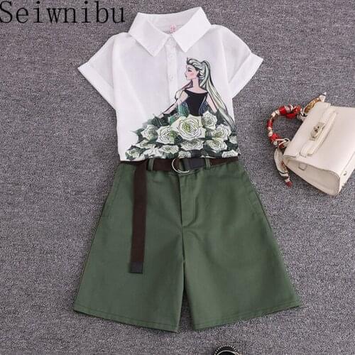 2020 summer 2 pieces suits girl print chiffon blouse shirt women tops + shorts set Women two piece set tracksuit With Belt
