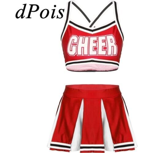 2Pcs Women Adults Cheerleader Cosplay Costume Sleeveless Crop Top with High Waist Mini Pleated Skirt Female Cheerleading Uniform