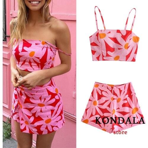 KONDALA Women Geometric Print Sexy Sets Za 2021 Cropped Cami Tops Mujer and High Waist Side Split Skirts Stylish Vintage Suits
