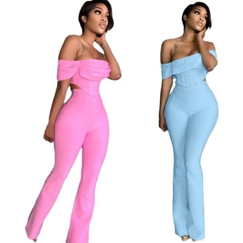 SUJYing New Fashion Womens Casual Solid Slash Neck Folding Chest Wrapped Top Flared Pants Two-piece Dress