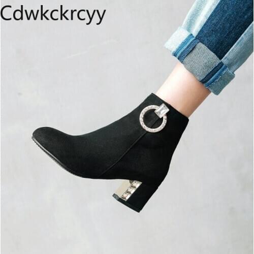Winter The New fashion Round head Thick heel Martin boots black Sexy Rhinestone Plus cashmere Keep warm High heel Women boots