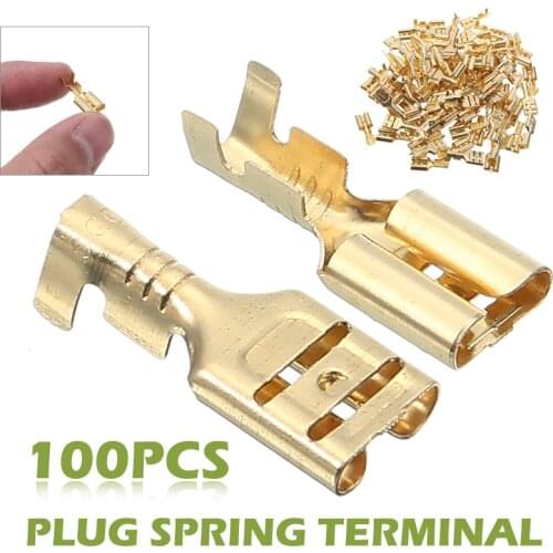100pcs Gold Brass Female Spade Connector Crimp Terminals 6.3mm Car Speaker Electrical Wire Cable Connector