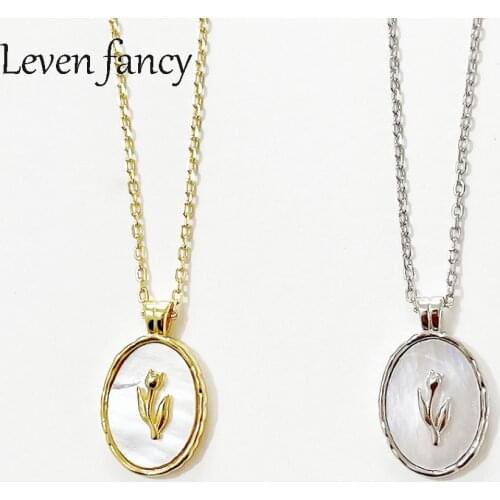 925 Sterling Silver Natural Shell Oval Tulip for Women Flower Pendant Necklace Festival Jewelry for Girl Valentines Day Gifts
