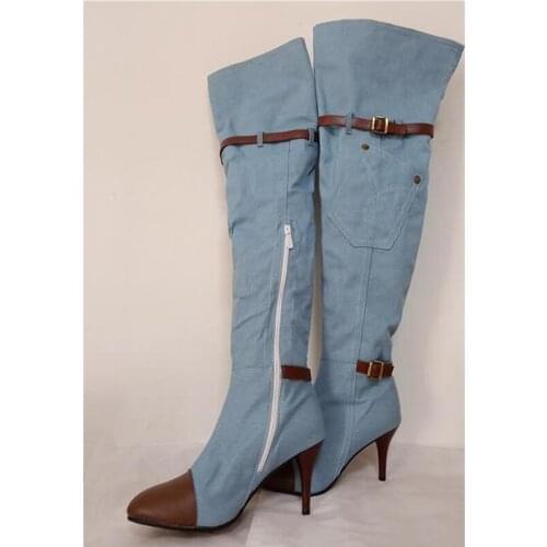 Over the knee women boots autumn winter denim high heels ladies shoes sexy buckle strap platform long boots thigh high boots