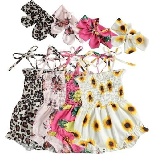 FOCUSNORM 4 Colors Infant Baby Girls Boys Rompers Leopard/Floral/Fruit Print Strapless Belt Jumpsuits 0-18M
