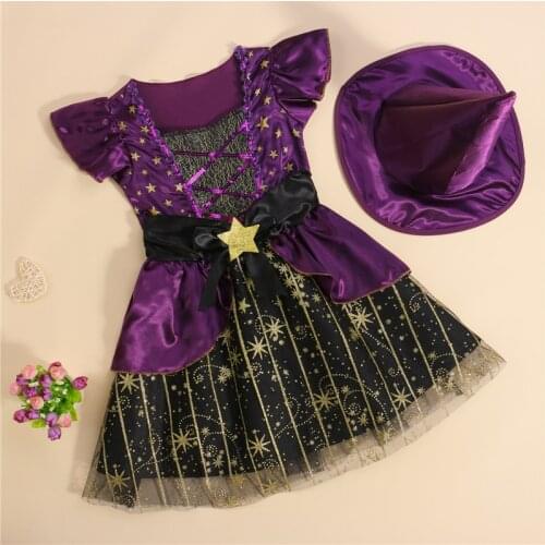 Kids Suit Set Halloween Star Patterns Square Neck Fly Sleeve Dress+ Solid Color Hat for Girls