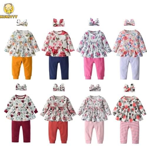 Infant Toddler Baby Girl Clothes Set Cute Casual Floral Tops and Pants Headband Spring Autumn Newborn Clothing Outfits