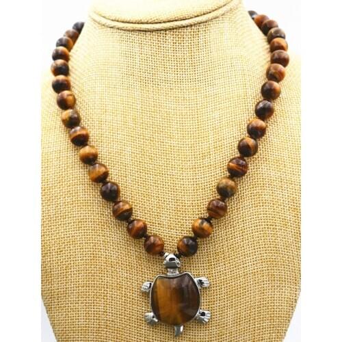 Beautiful 8mm African Roar Tigers Eye Turtle Pendant Natural stone Necklace 18 "