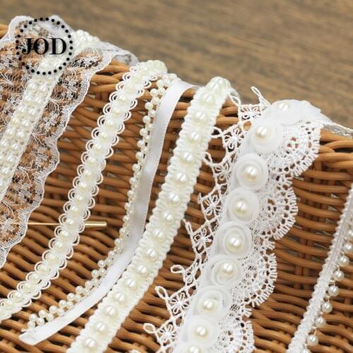 Lace pearl Fabric Width:0.7-5cm White mesh Cotton Bead applique Trim dresses Sewing Accessories Ribbon Embroidered Clothing@20