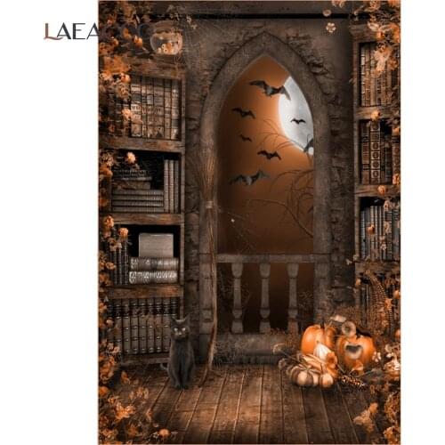 Laeacco Halloween Background Photography Castle Bat Ghost Dark Old Tree Cat Party Baby Photo Backdrop Photo Studio Photocall