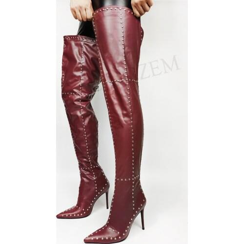 LAIGZEM Women Over Knee Boots Back Zip Studded Faux Leather High Heels Boots Ladies Shoes Woman Zapato Mujer Size 43 44 46 47
