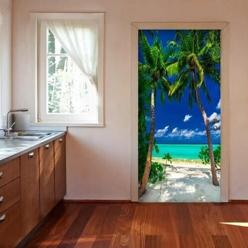 Hot Free Shipping Wholesales Door Sticker Summer Tropical Beach Tree Door Picture Mural Sickers Photo Wallpaper Poster