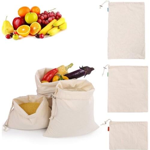 3Size Reusable Cotton Drawstring Shopping Bag Cotton Produce Bags for Vegetable/Fruit/Rice/Bread Travel Shopper Tote Storage Bag