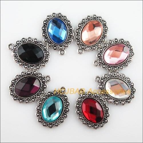 Fashion 8Pcs New Oval Charms Tibetan Silver Tone Retro Mixed Crystal Pendants 18x24mm