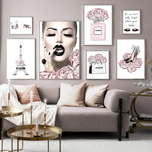 Fashion Lady Flower Perfume Paris Tower Nordic Poster Modern Wall Art Print Canvas Painting Wall Pictures For Living Room Decor