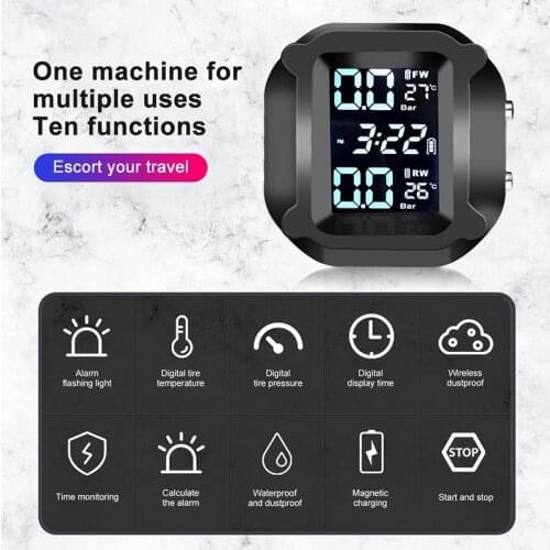 Motorcycle TPMS Motor Tire Pressure Tyre Temperature Monitoring Alarm System with 2 External Sensors USB Solar Charging motos