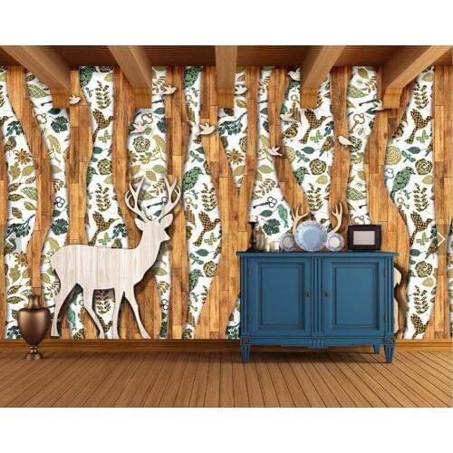 Custom wood texture wallpaper, abstract forest elk and bird murals for living room bedroom sofa background wall decoration paper