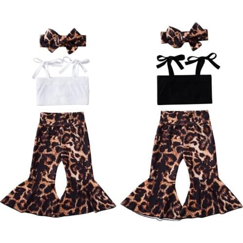 0-24M Newborn Baby Girls Clothes Sets 3pcs Strapless Belt Vest Tops Leopard Print Flare Pants Headband