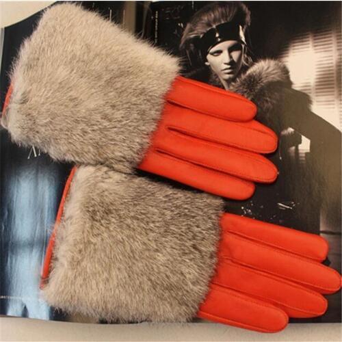 Winter Gloves 100% Real Natrual Rabbit Fur Genuine Sheepskin Leather Gloves For Women AG-14