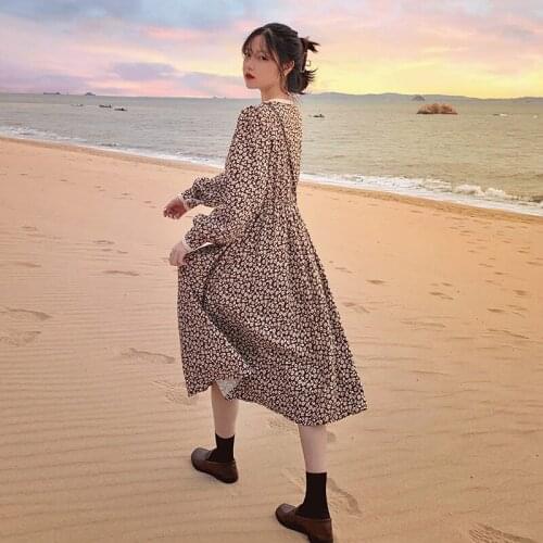 Dresses for Women Floral Dress Female Spring and Autumn New Retro Super Fairy Small Long-sleeved Dress