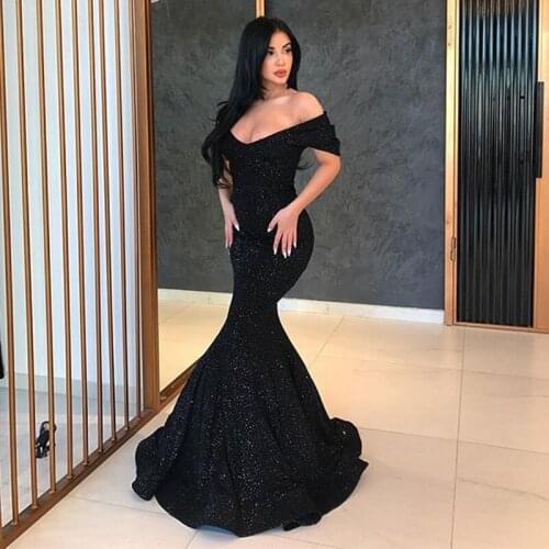 Simple Black Off Shoulder Shining Bling Sequin Lace Mermaid Prom Dress Party Dresses