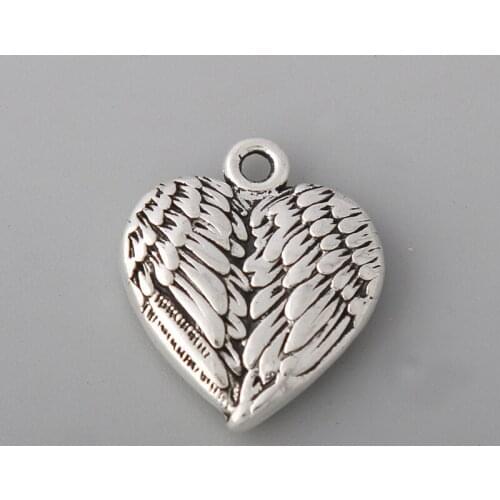 RAINXTAR Fashion Alloy Antique Silver Color Heart Shape Wings Charms 18*21mm 50pcs AAC1565