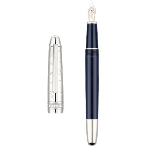 Retro Moonman P135 Metal Resin Fountain Pen Beautiful Stroke Symbol Cap Pearl Top EF/Small Bent Nib Dark Blue Writing Office Pen