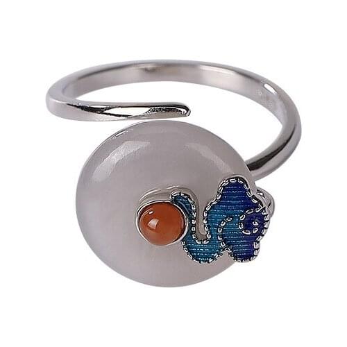S925 sterling silver cloisonne enamel natural smoke mauve jade ring retro auspicious cloud peace buckle ladies ring