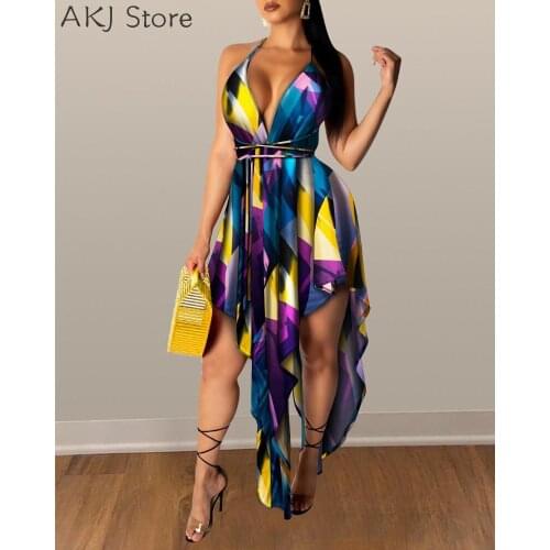 Sexy Summer Floral V-Neck Backless Pleated Irregular Dress