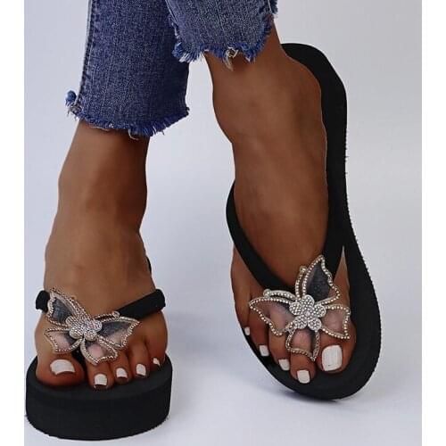 Summer Fashion Trend Women Slippers Thick Platform Wedges Heel Butterfly Rhinestone Flip Flops Retro Casual Shoes Ladies Female