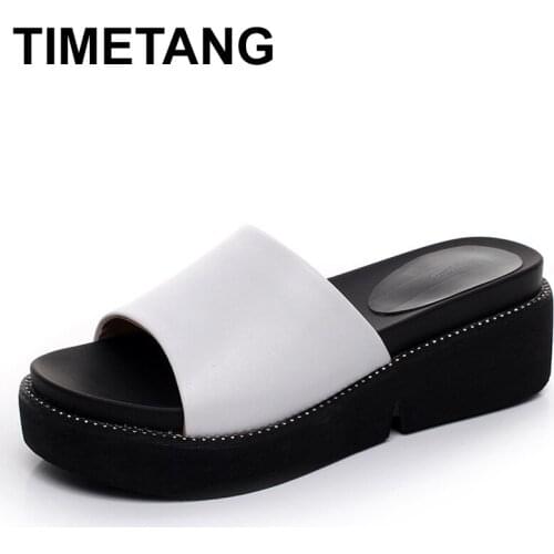 TIMETANG Womens Slides Genuine Leather Summer Shoes 2021 Women Shoes Platform Wedges Slippers Outdoor Beach Slides womanE796