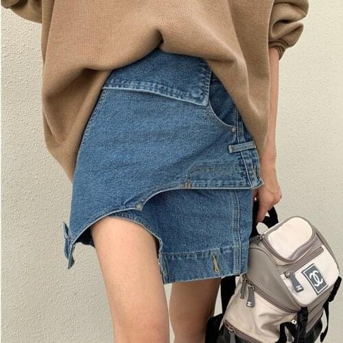Fashion Split Irregular Denim Skirt Women Blue Washed High Waist A-line Woman Skirts Faldas Mujer Moda 2021