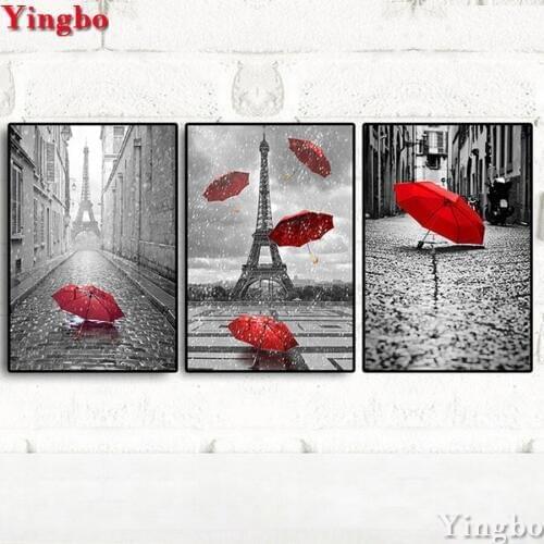 Black White Tower Red Umbrella 5D DIY Diamond Embroidery full Square Round Drill Rhinestone Pictures Mosaic Diamond 3 PCS Sets