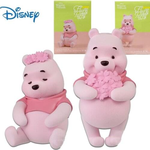 Disney Genuine Winnie The Pooh Action Figure Toys Sakura Pink Winnie Cute Flocked Fabric Dolls Decor Collection Model Kids Gifts